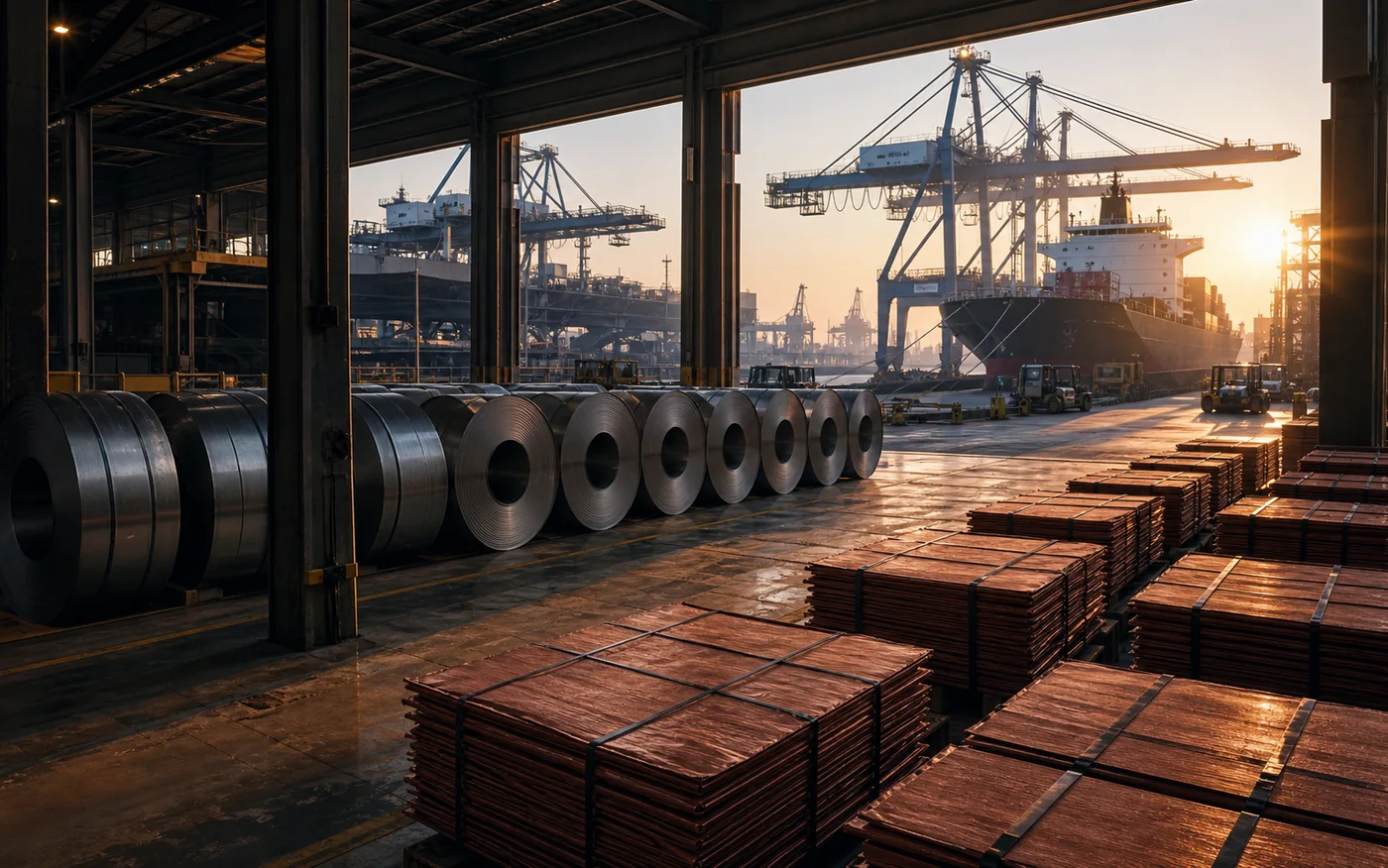 Metals warehouse and port supporting international industrial trade