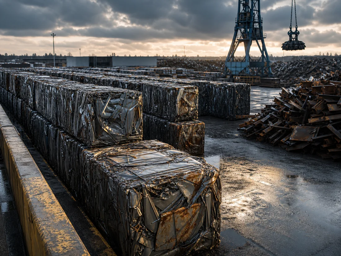 Processed metal scrap bales at an industrial recycling yard